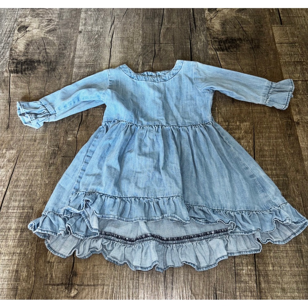 RuffleButts Girls Light Wash Denim Ruffle High Low Dress Size 3T Blue Cotton